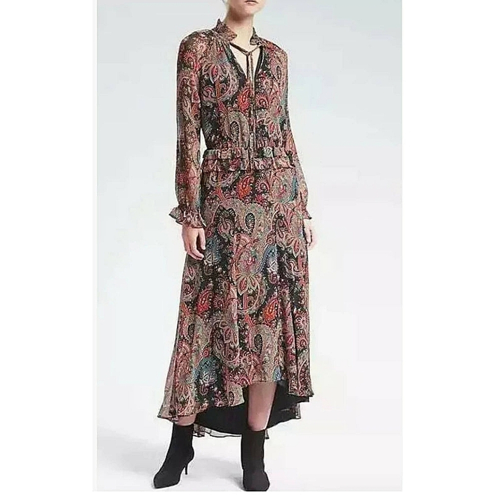 Banana Republic Paisley Ruffle-Tier Midi Dress — Black, Red, Green
